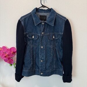 SISLEY Women’s blue classic denim jean jacket with wool knit sleeves Size Medium